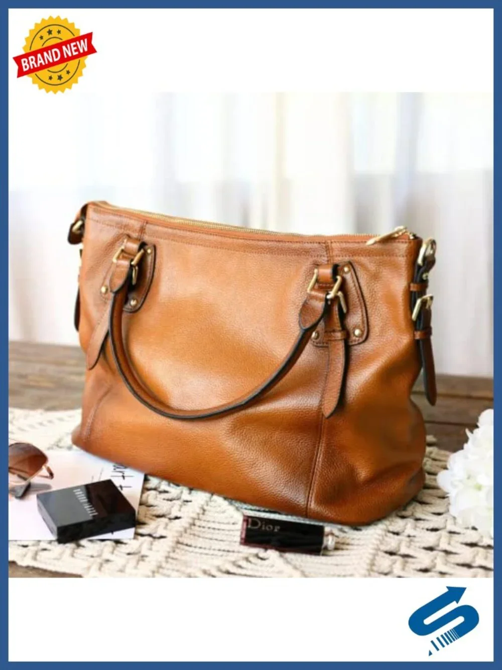 Genuine Leather Large Satchel Tote with Adjustable Strap for Women